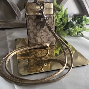 Coach Signature With Tag Canvas Lanyard ID/Badge Holder Gold Leather
